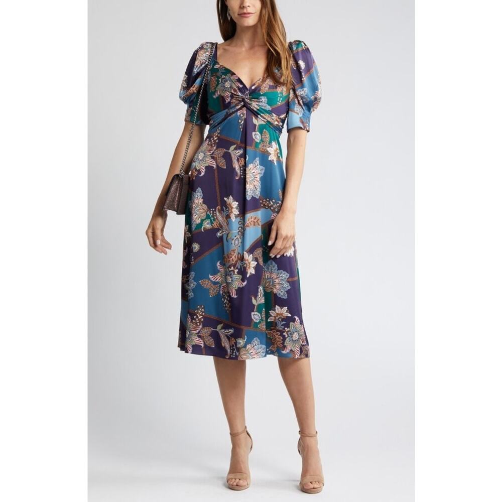 Vince Camuto Floral Paisley Satin Midi Dress V Neck Blue Green Size 6 Nwt